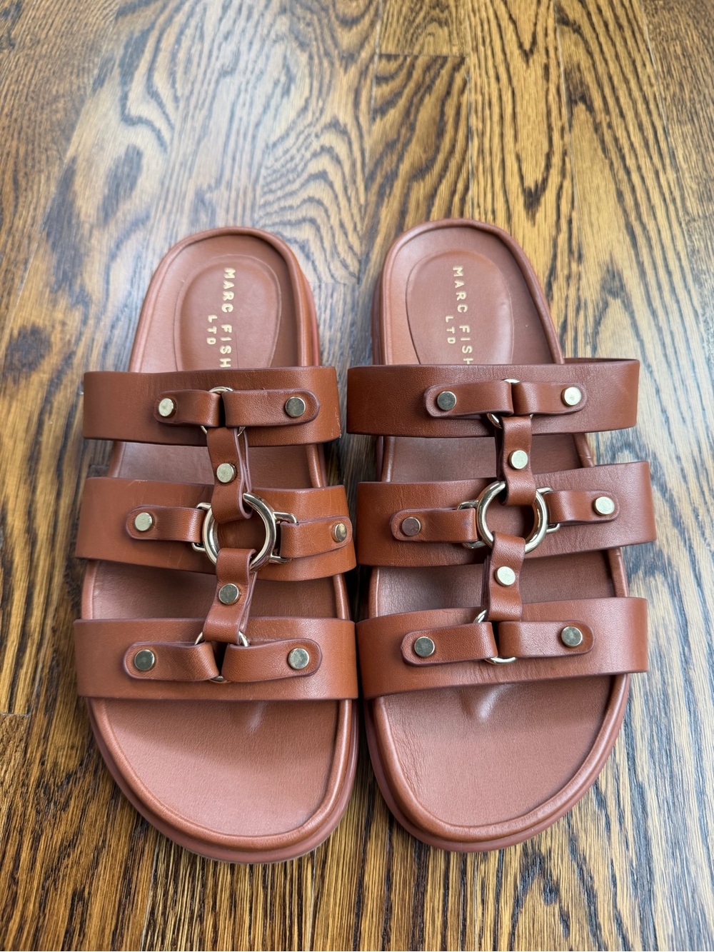 Marc Fisher Brown Gladiator Slide Sandals with Gold Rings